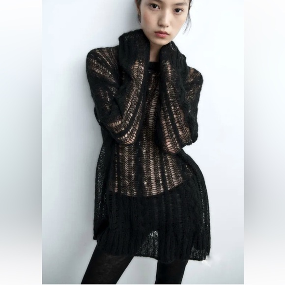 Zara Wool Blend Openwork knit sweater Black - Picture 2 of 8